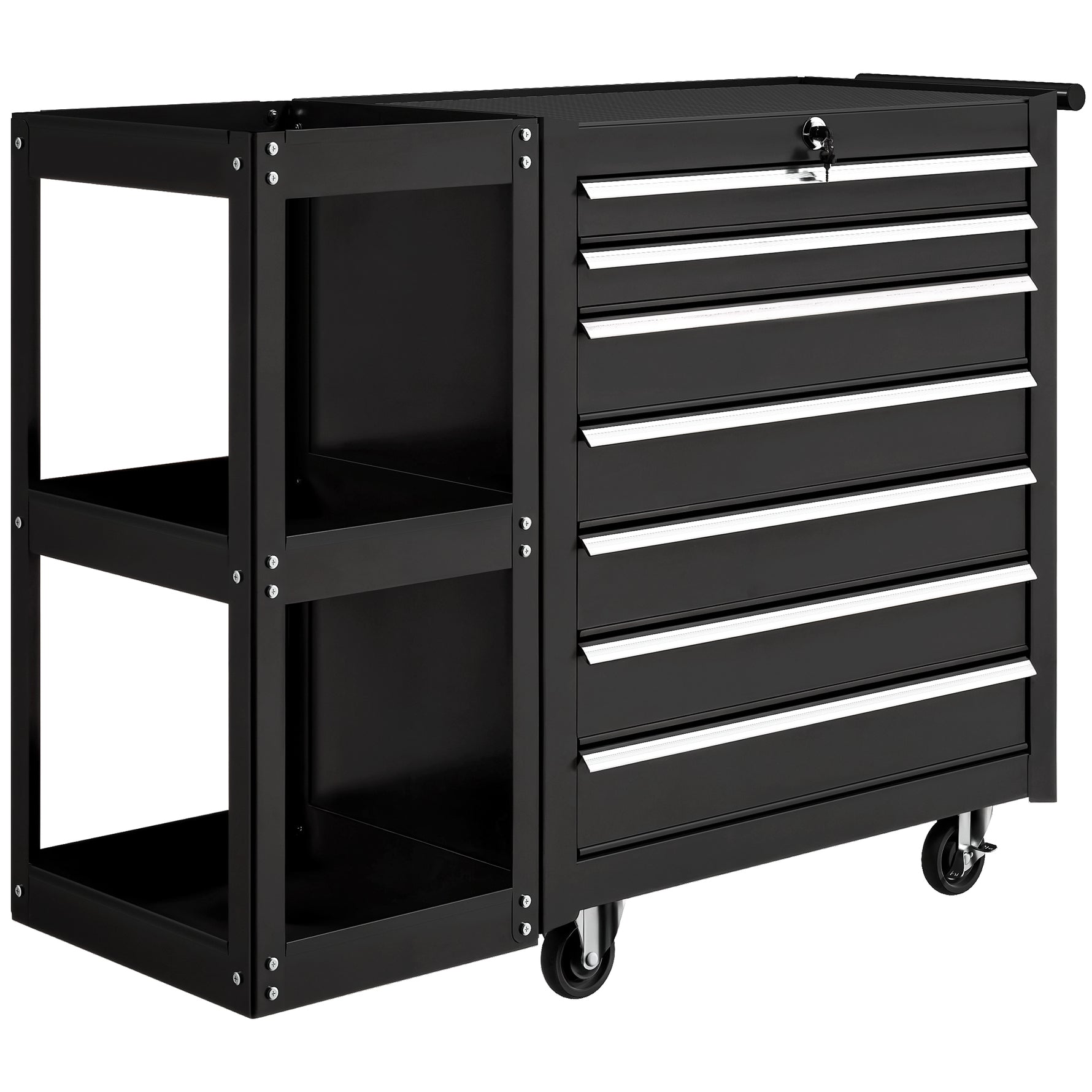 Servante d'Atelier en Acier à 7 Tiroirs, Chariot à Outils sur Roulettes avec Étagère Latérale Amovible, Noir