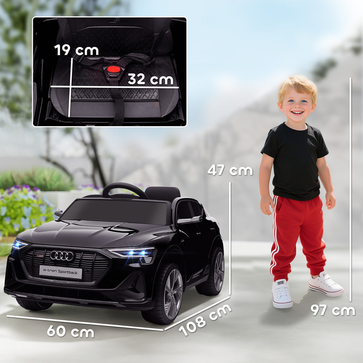 Voiture électrique enfants sous Licence Audi e-tron Sportback, véhicule électrique 12V Max. 5 Km/h avec télécommande 2,4G, phares LED, musique, klaxon, port USB, MP3, noir