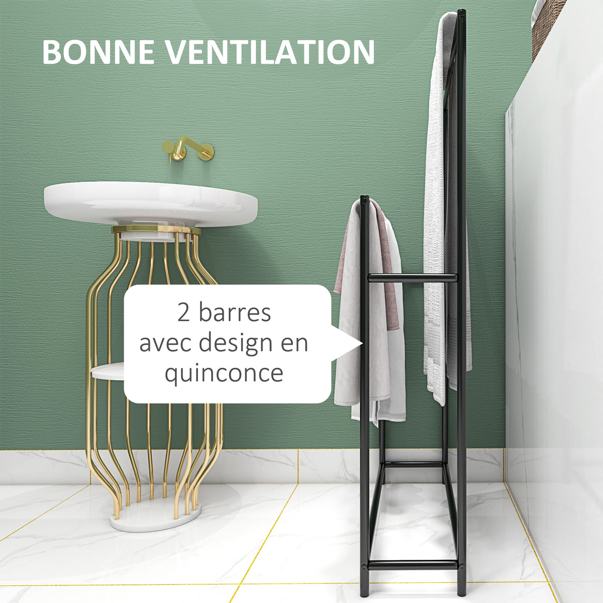 Porte serviettes sur pied sèche serviette 2 niveaux en métal pour la salle de bain, dim. 66l x 20P x 110H cm, noir