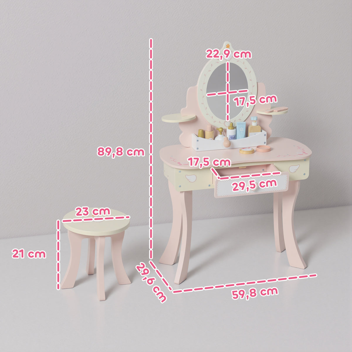 Coiffeuse enfant fille table de maquillage 2 en 1 avec 7 accessoires de jeu miroir en acrylique 59,8x29,6x89,8cm rose