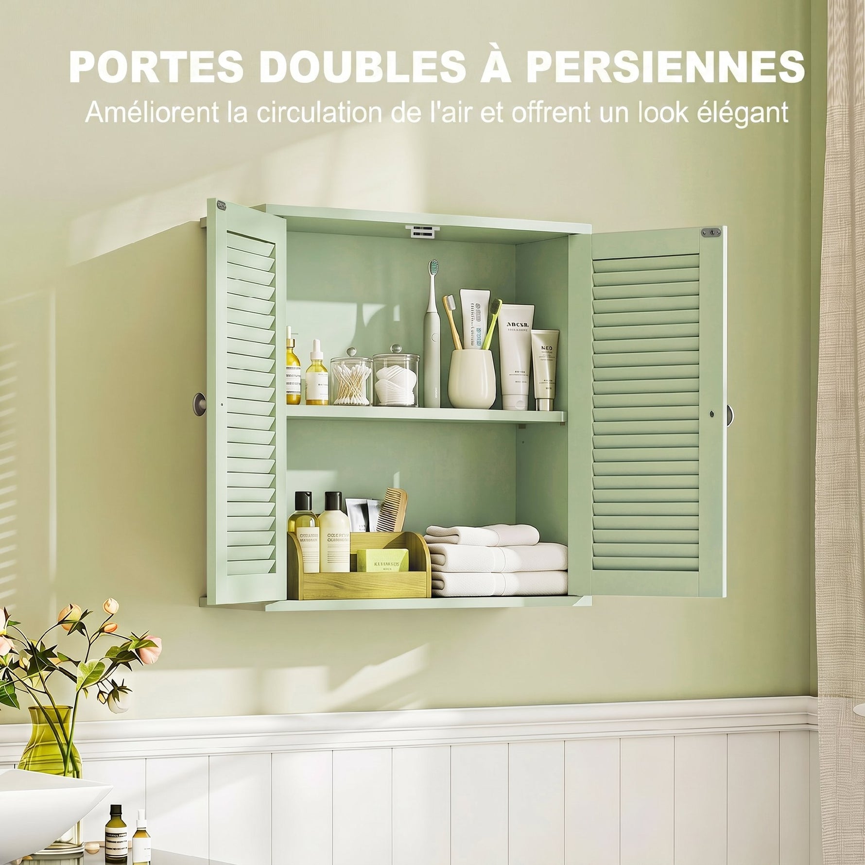 Armoire murale de salle de bain, meuble de rangement suspendu avec 2 portes persiennes et étagère réglable, vert