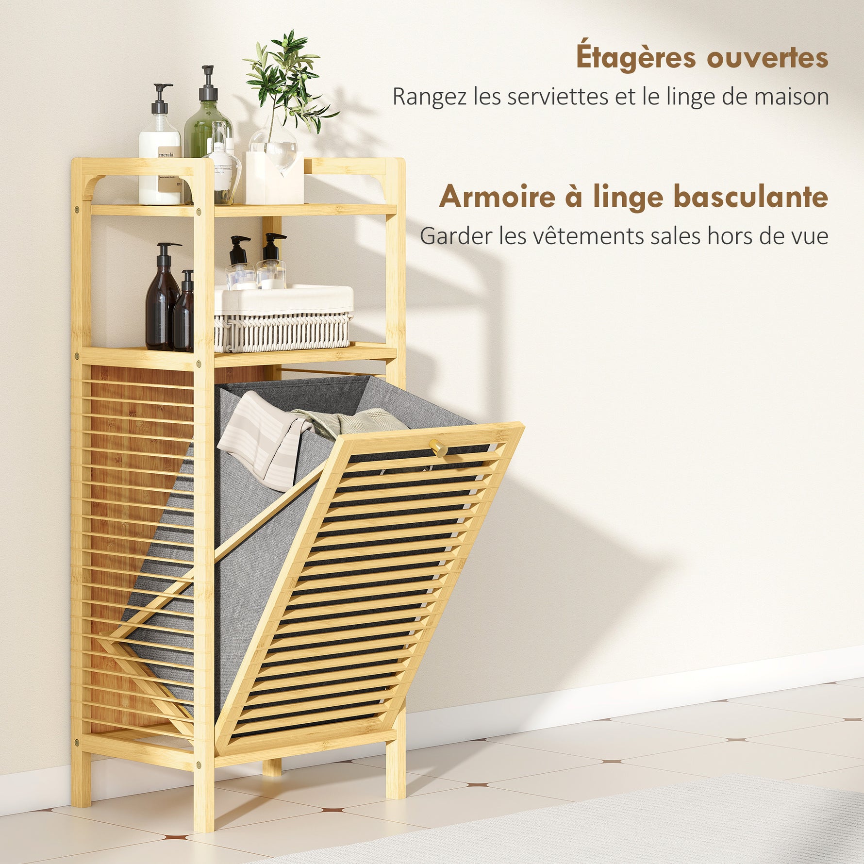 Meuble de rangement en bambou meuble de salle de bain étagère panier à linge basculant 40x30x95cm effet bois naturel