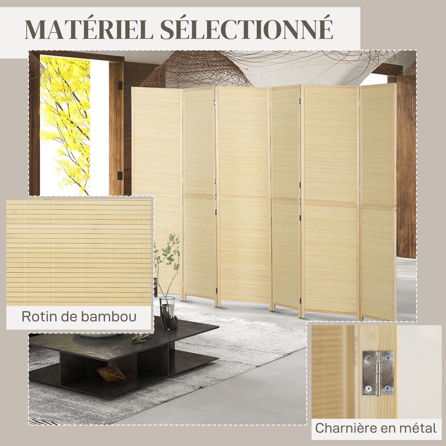 Paravent en bois de bambou 6 panneaux 270 x 180 cm séparateur de pièce cloison de séparation pliable - naturel