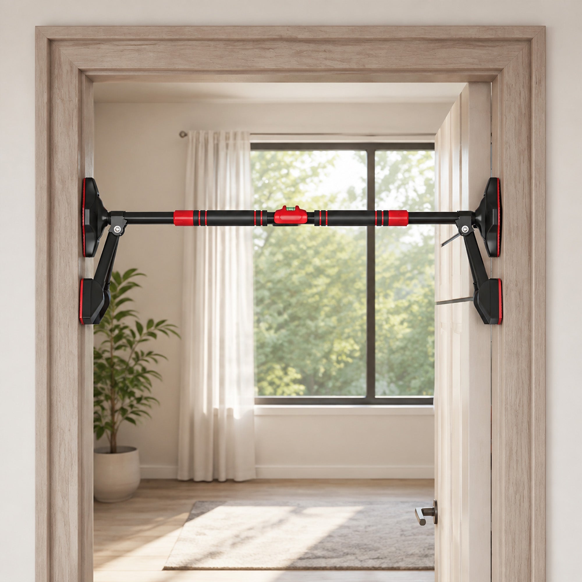 Klimmzugstange, verstellbar von 78 bis 120 cm, Türstange mit integrierter Wasserwaage, dreieckige Struktur, bis 225 kg, schwarz
