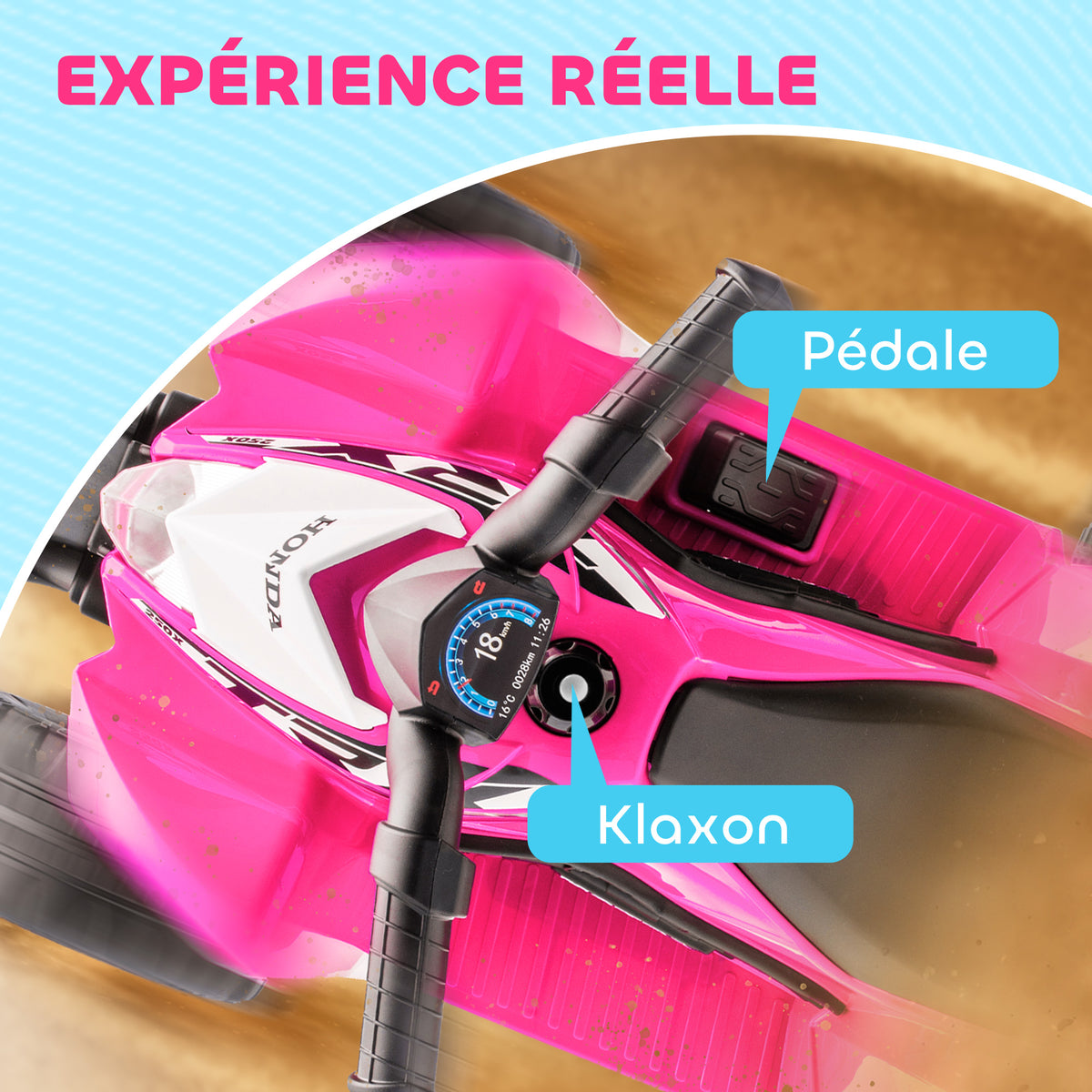 Quad électrique enfant 6 V, vitesse de 2,8 km/h, phares LED, klaxon, poignée et selle ergonomique, rose