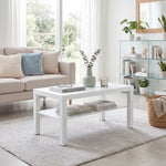 Table basse de salon, table d'appoint rectangulaire à 2 niveaux avec étagère de rangement, 90x45x44,5cm, blanc