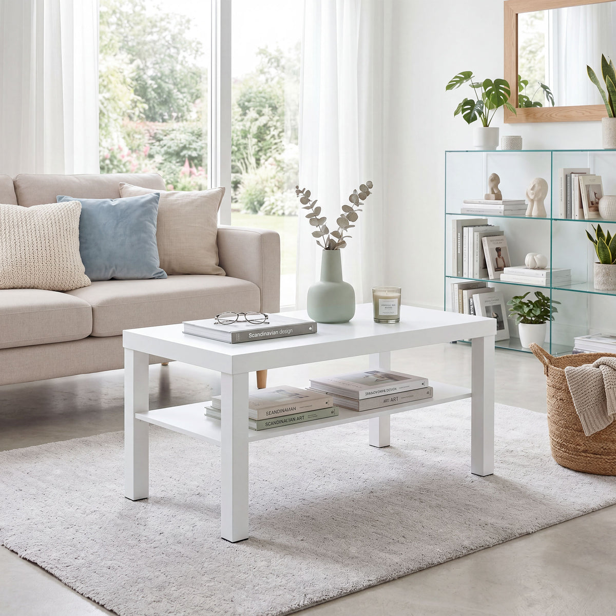 Table basse de salon, table d'appoint rectangulaire à 2 niveaux avec étagère de rangement, 90x45x44,5cm, blanc