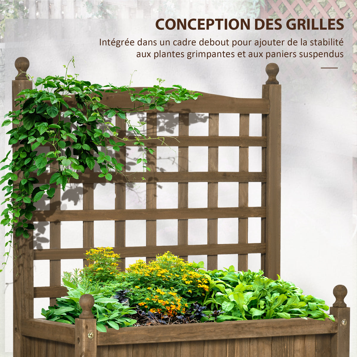 Jardinière avec treillis bac à fleurs jardinière sur pied 64 x 28 x 75 cm inserts d'irrigation bois massif