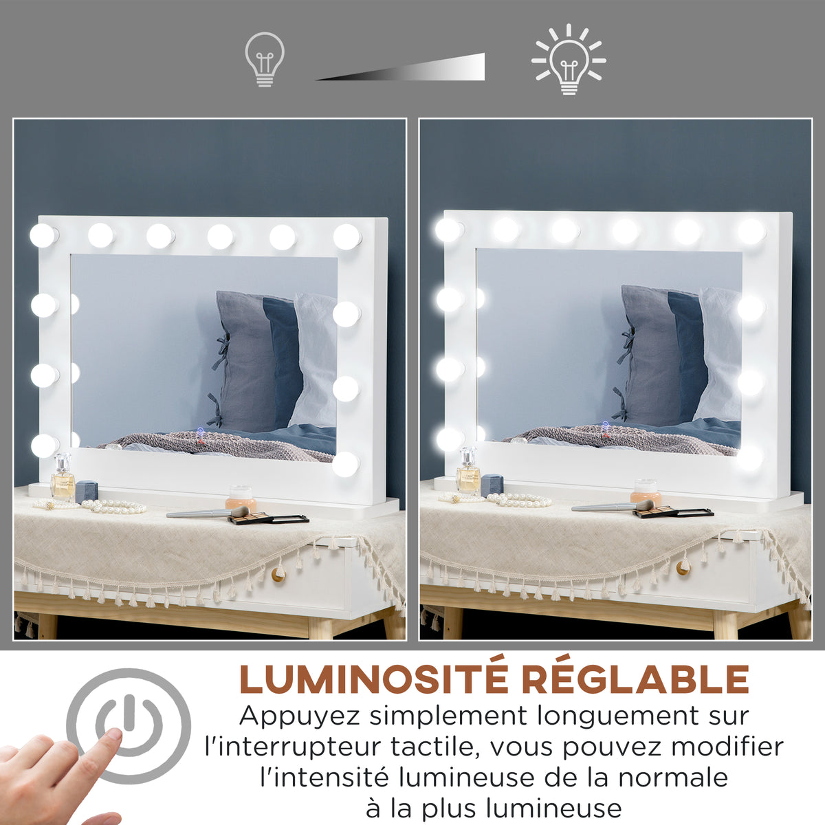 Miroir maquillage Hollywood lumineux 12 LED tactile - luminosité réglable, fonction mémoire - métal MDF blanc verre