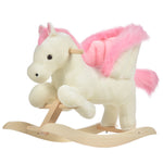 Cheval à Bascule Fonction Musicale Selle Grand Confort Peluche Courte Douce Pour Enfants 18-36 Mois Bois peuplier Blanc et Rose dim. 70L x 28l x 57H cm