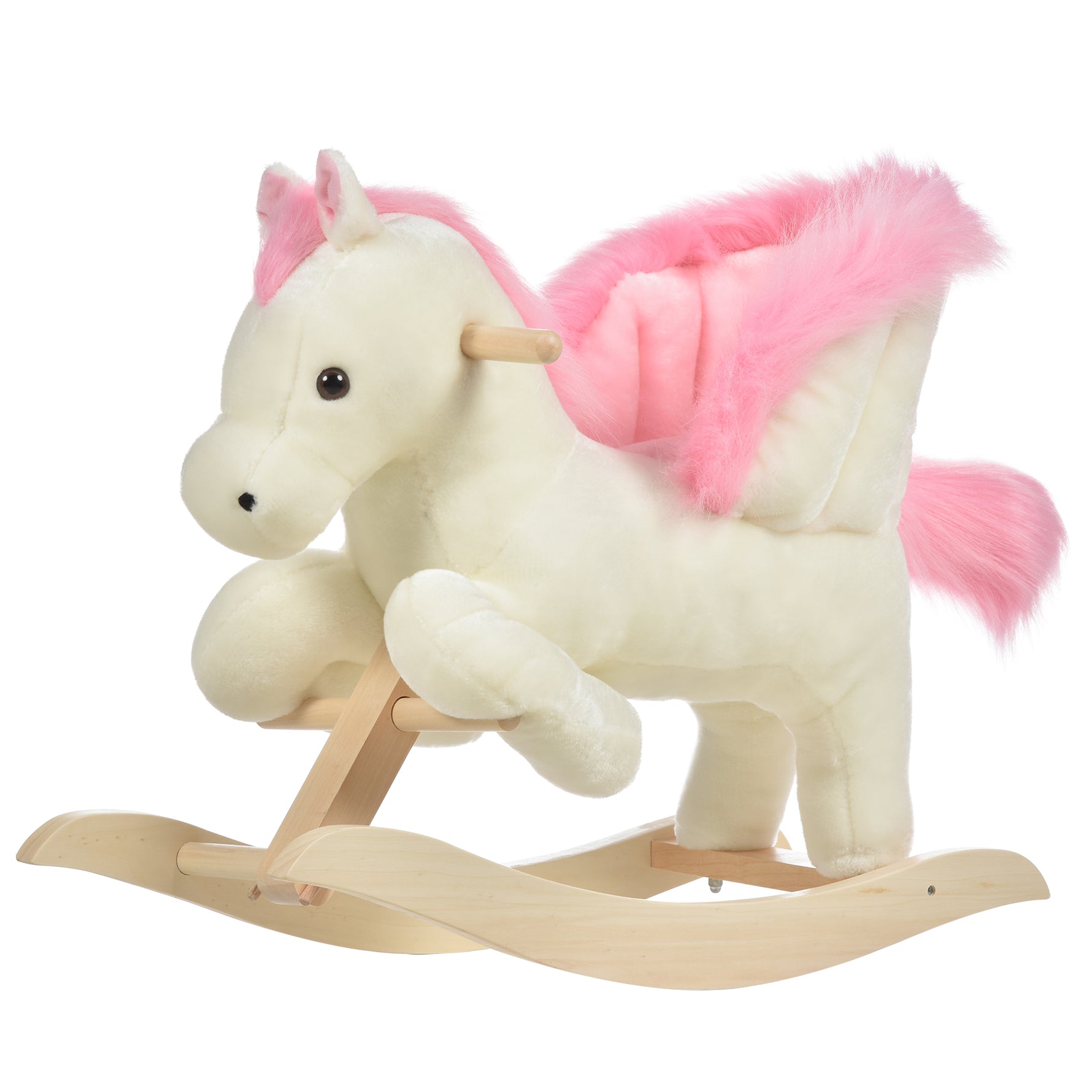 Cheval à Bascule Fonction Musicale Selle Grand Confort Peluche Courte Douce Pour Enfants 18-36 Mois Bois peuplier Blanc et Rose dim. 70L x 28l x 57H cm