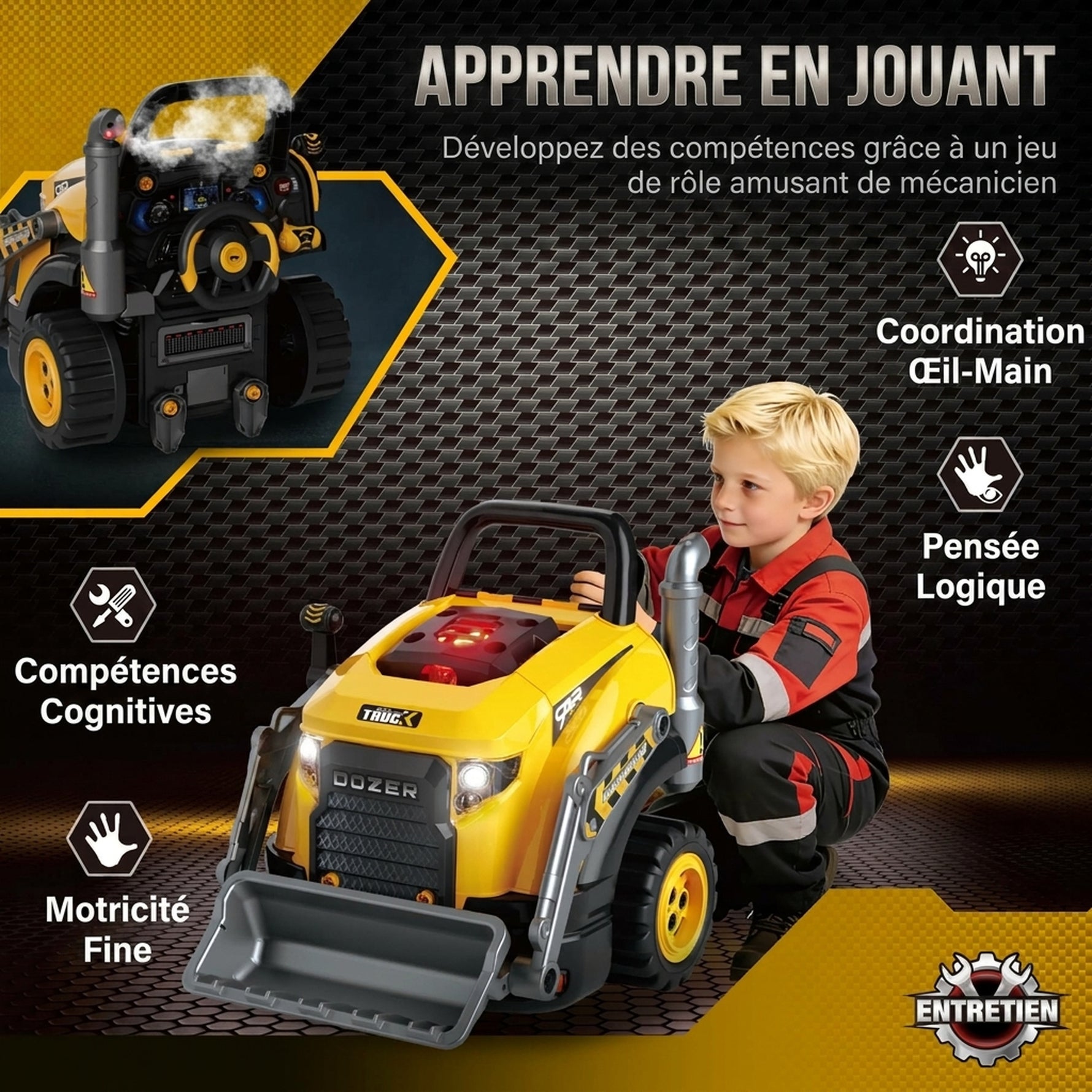 Jouet Moteur de Camion et Pelle pour Enfants, Camion Mécano, Volant, Effet de Brume, Sonores et Lumineux, 3-6 Ans, Jaune