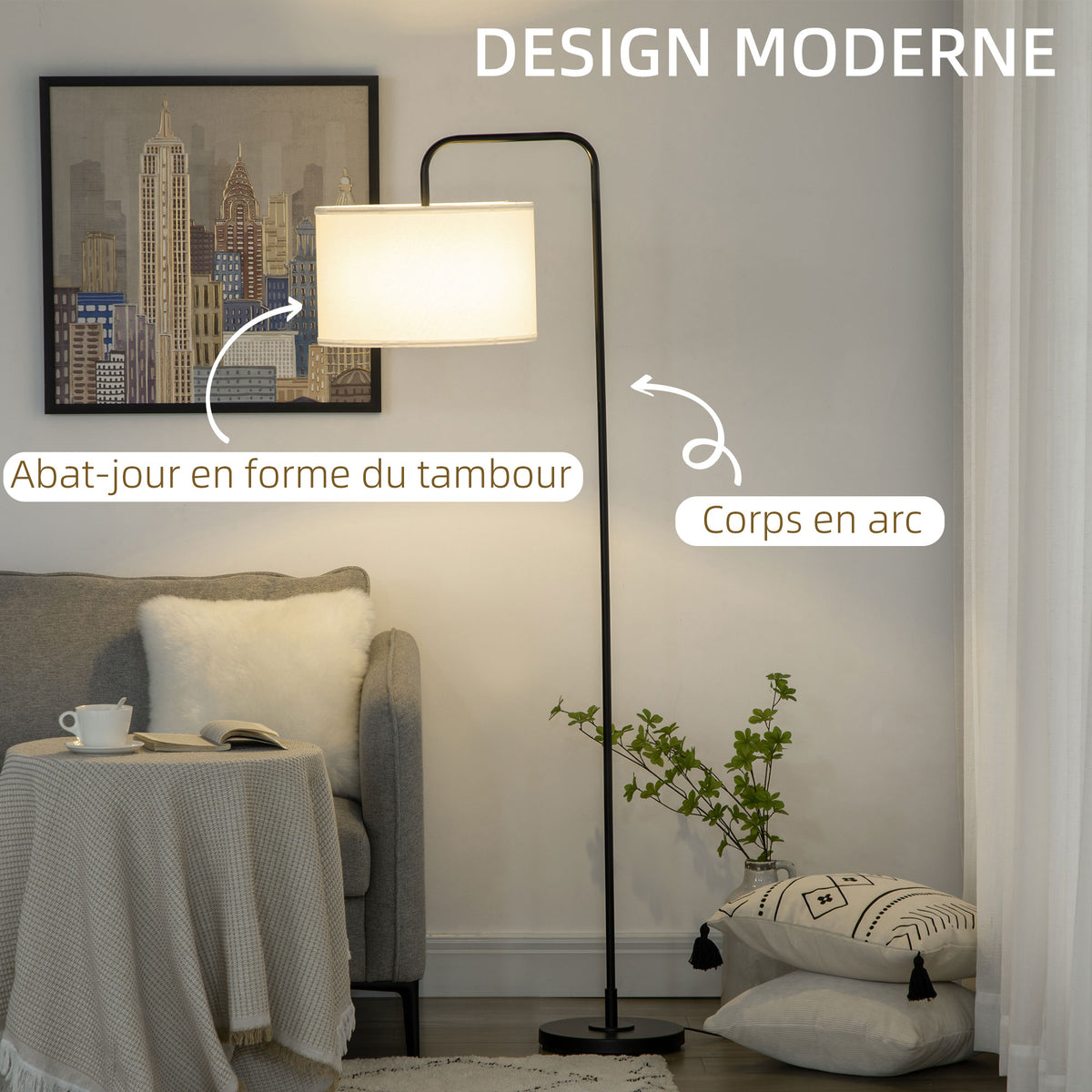 Lampadaire sur pied salon en métal noir moderne avec abat-jour câble de 180 cm 64 x 38 x 163,5 cm noir