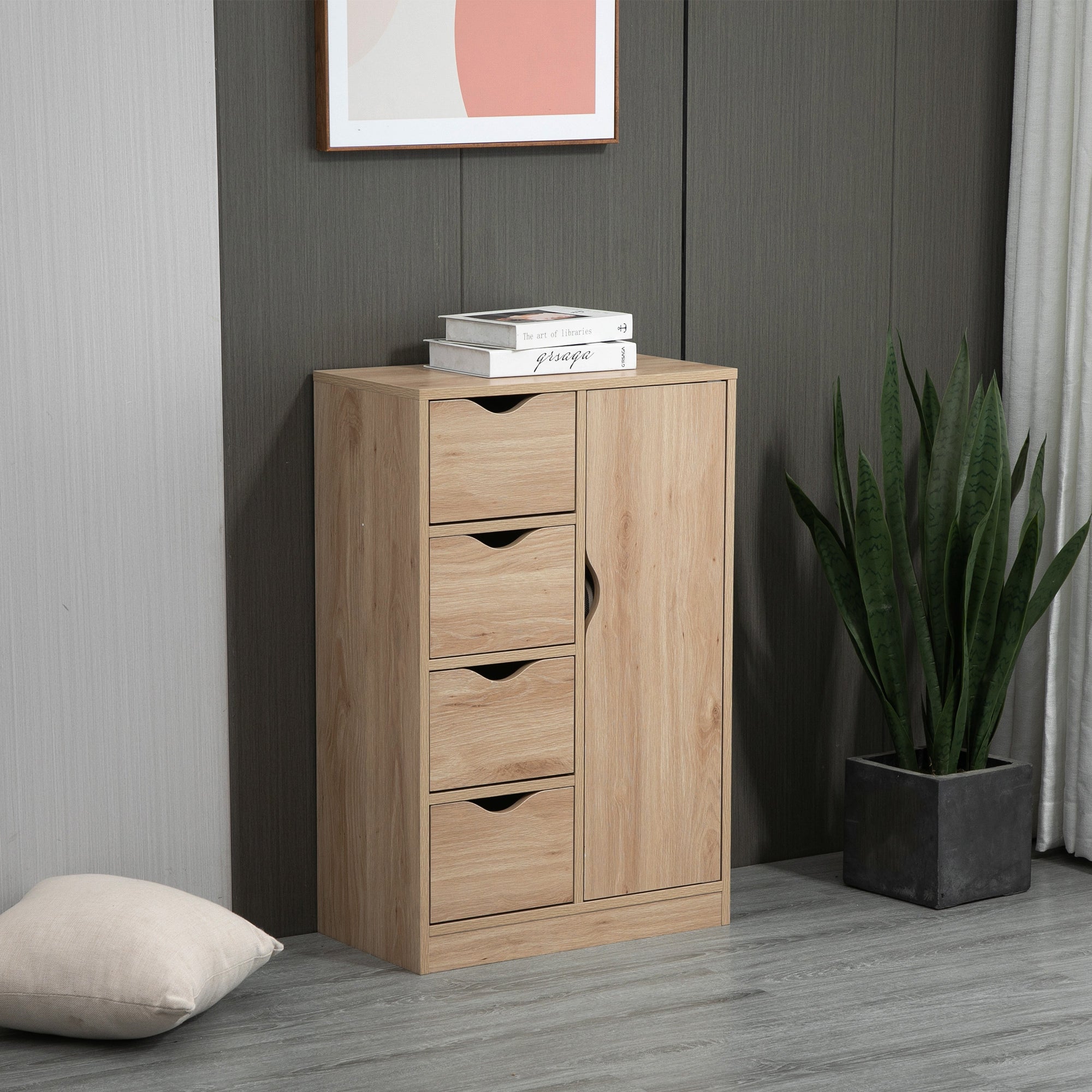 Moderne Kommode Sideboard mit 1 Schranktür und 4 Schubladen – aus Holz – für Wohnzimmer, Küche, Flur, Esszimmer – Braun
