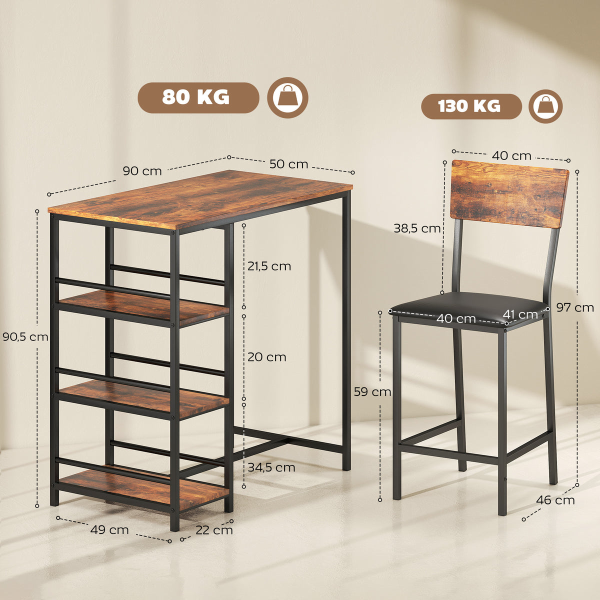 Conjunto de mesa de bar con 2 taburetes, mesa alta de cocina y 2 sillas de bar acolchadas de PU, marrón rústico