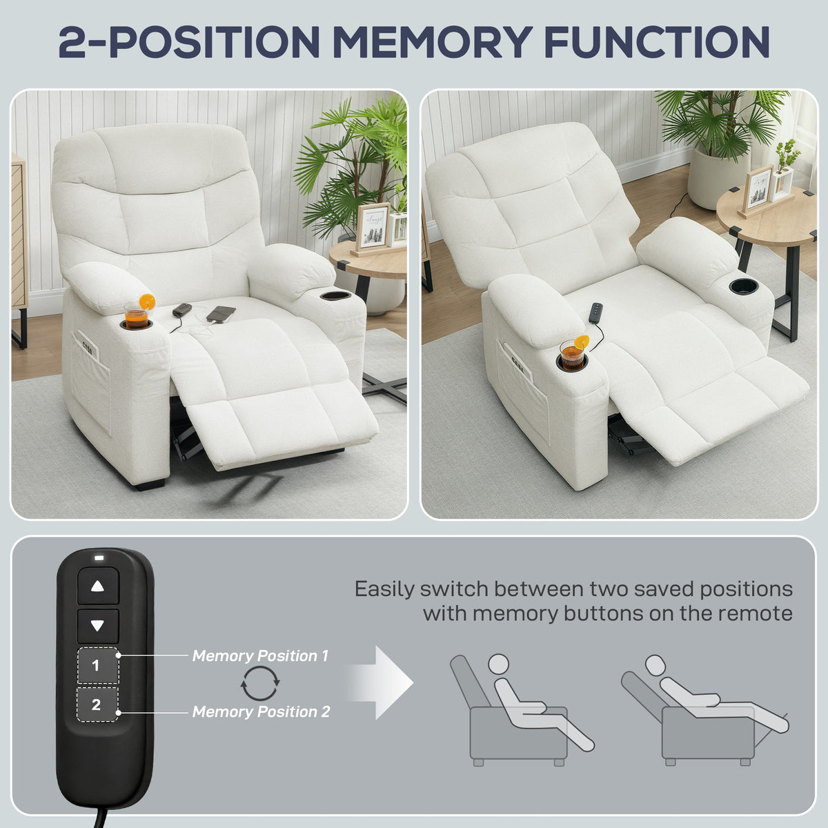 Fauteuil relax électrique, fauteuil inclinable, port USB, repose-pieds, porte-gobelets, 94 x 90 x 105 cm, crème