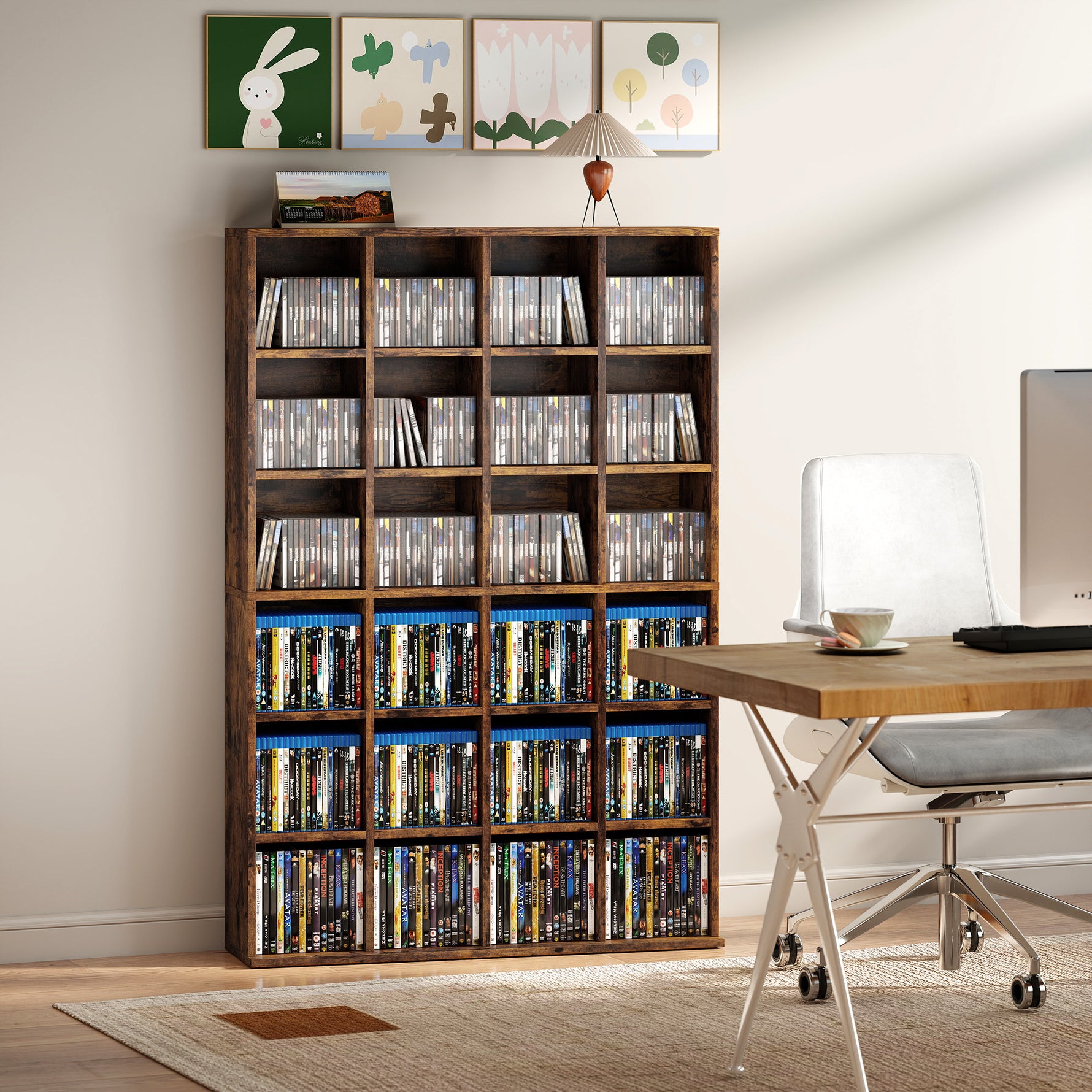 Meuble de Rangement 456 CDs / 336 DVDs, Étagère Multimédia, 24 Compartiments et 16 Étagères Ajustables, Marron