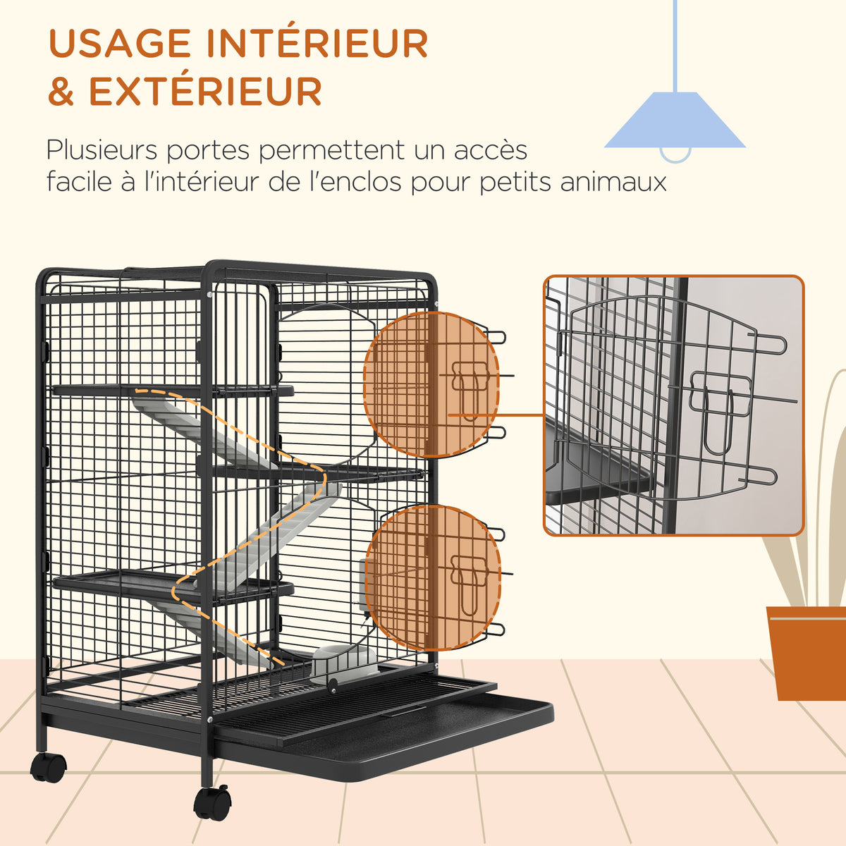 Jaula para roedores, jaula para animales pequeños con ruedas, 3 rampas, 3 plataformas, comedero y botella de agua, bandeja inferior extraíble para conejos, visones y chinchillas, acero PP, 61,5x44x95 cm, negra