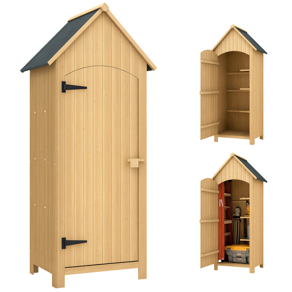 Abri de jardin en bois cabane de jardin exterieur armoire de jardin avec toit bitumé 3 étagères porte avec loquet rangement et stockage extérieurs pour terrasse 77,5 x 54,2 x 179,5 cm naturel