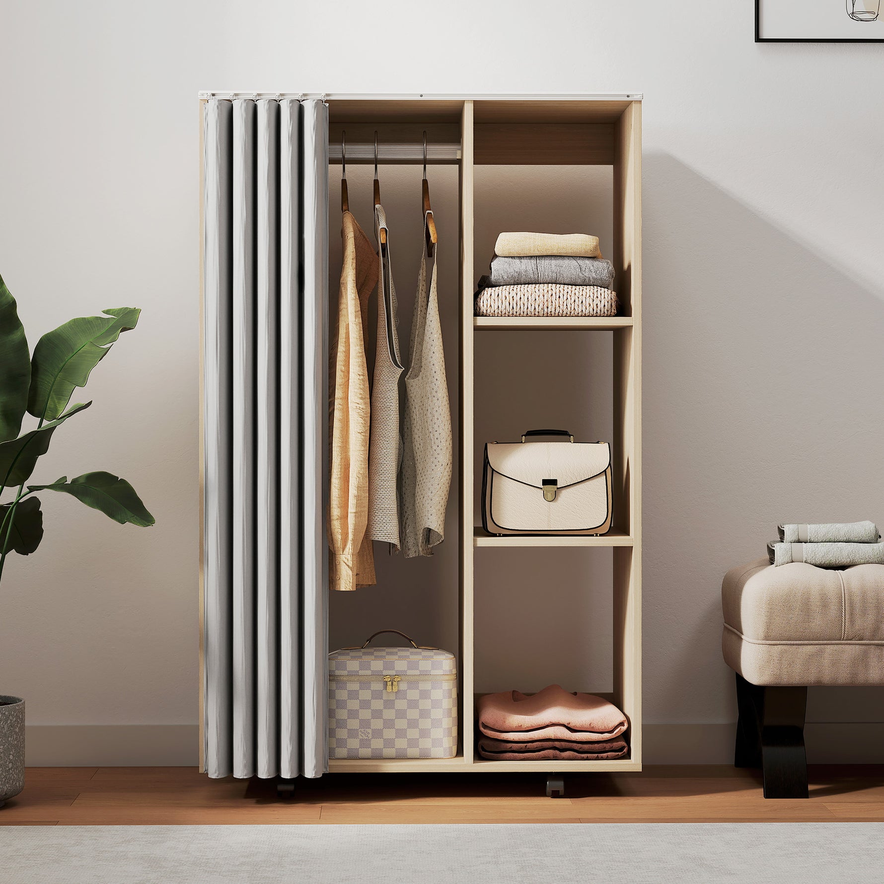 Armoire penderie vêtement dressing mobile 4 roulettes tringle à vêtements et étagères 80x40x128cm, effet bois naturel
