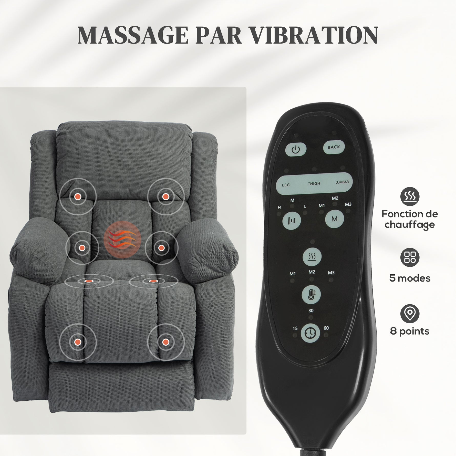 Fauteuil releveur électrique massage et chauffage avec repose-pied, dossier inclinable, télécommande et poche latérale