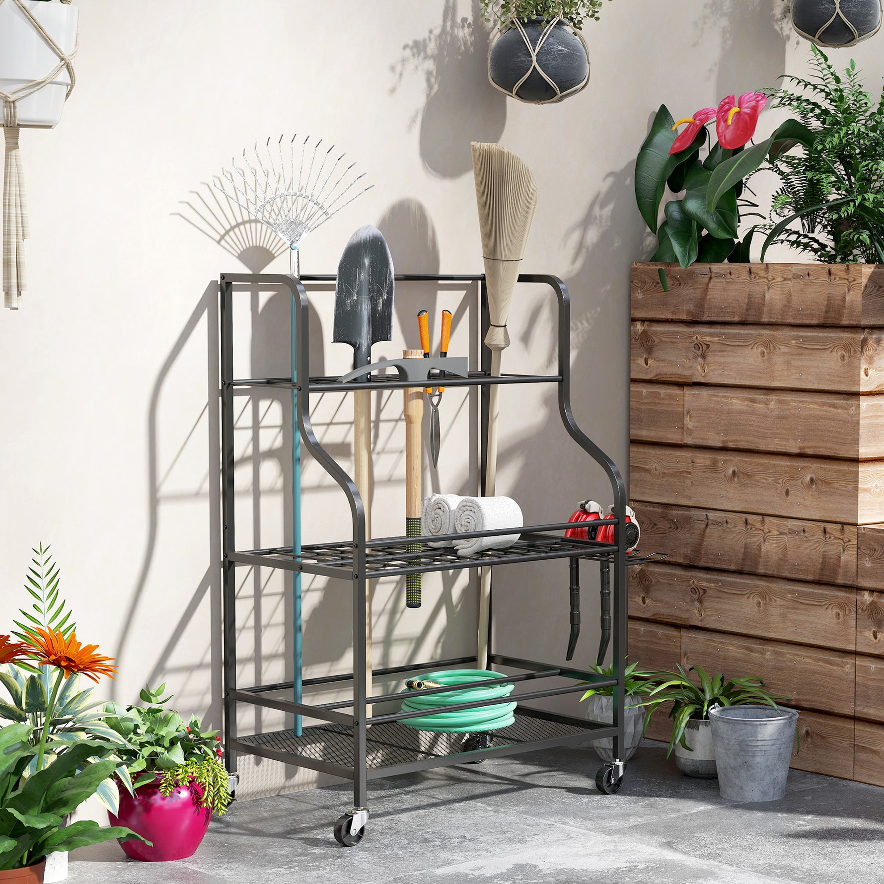 Organiseur d'outils de jardin, support à outils de jardin 54 emplacements 5 crochets en acier sur roues 3 niveaux noir