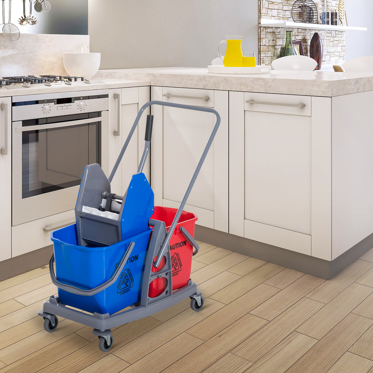 Professioneller Reinigungswagen mit Backenpresse, 2 Eimern à 25 l, 73 L × 45 B × 92 H cm, Kunststoff, grau/blau/rot