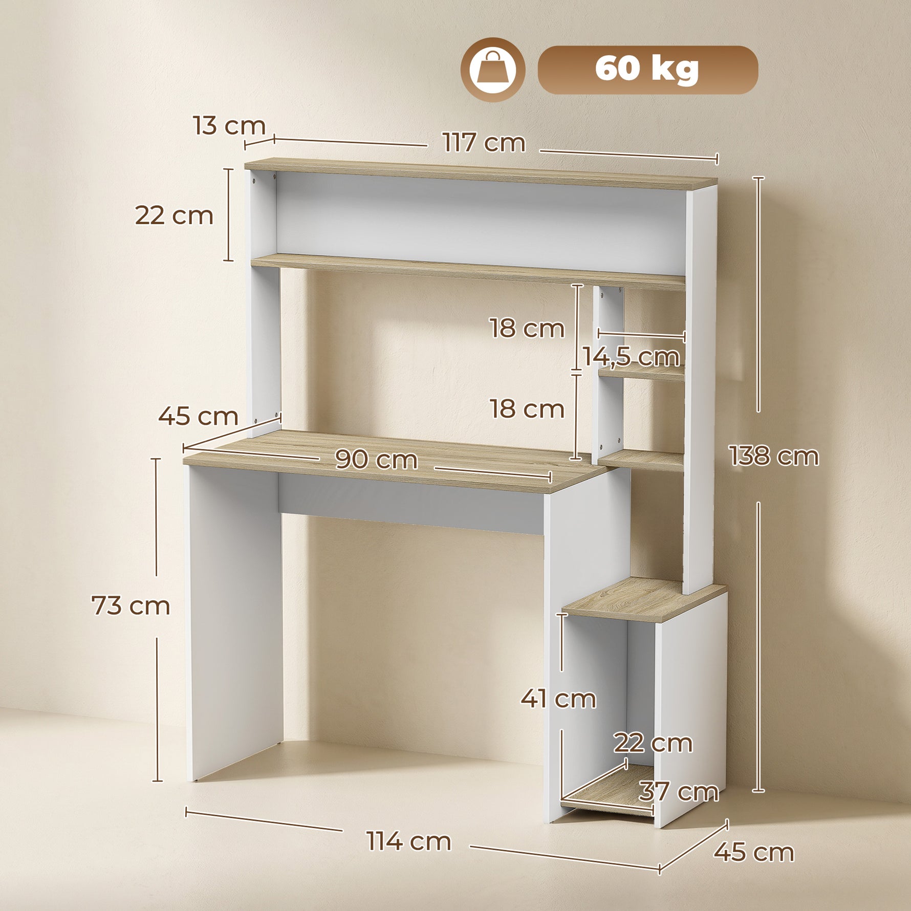 Bureau Informatique, 114 x 45 x 138 cm, Bureau avec Rangement, Étagères Ouvertes et Support UC, Blanc et Bois Naturel