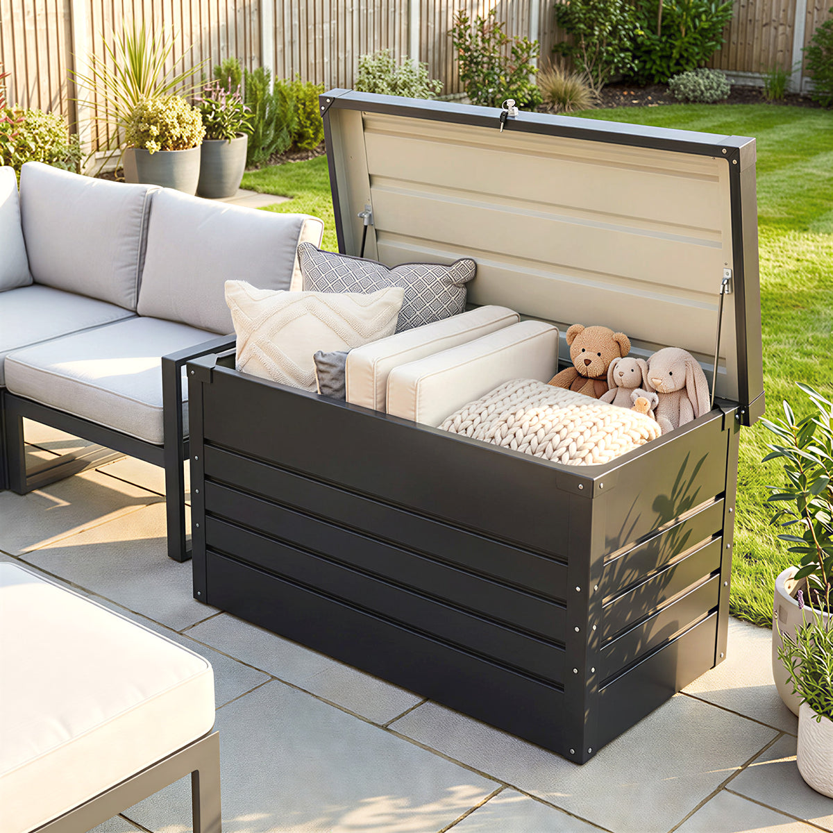 Coffre de rangement métal boîte de jardin 350L double vérins à gaz  verrouillable pour coussins outils gris anthracite