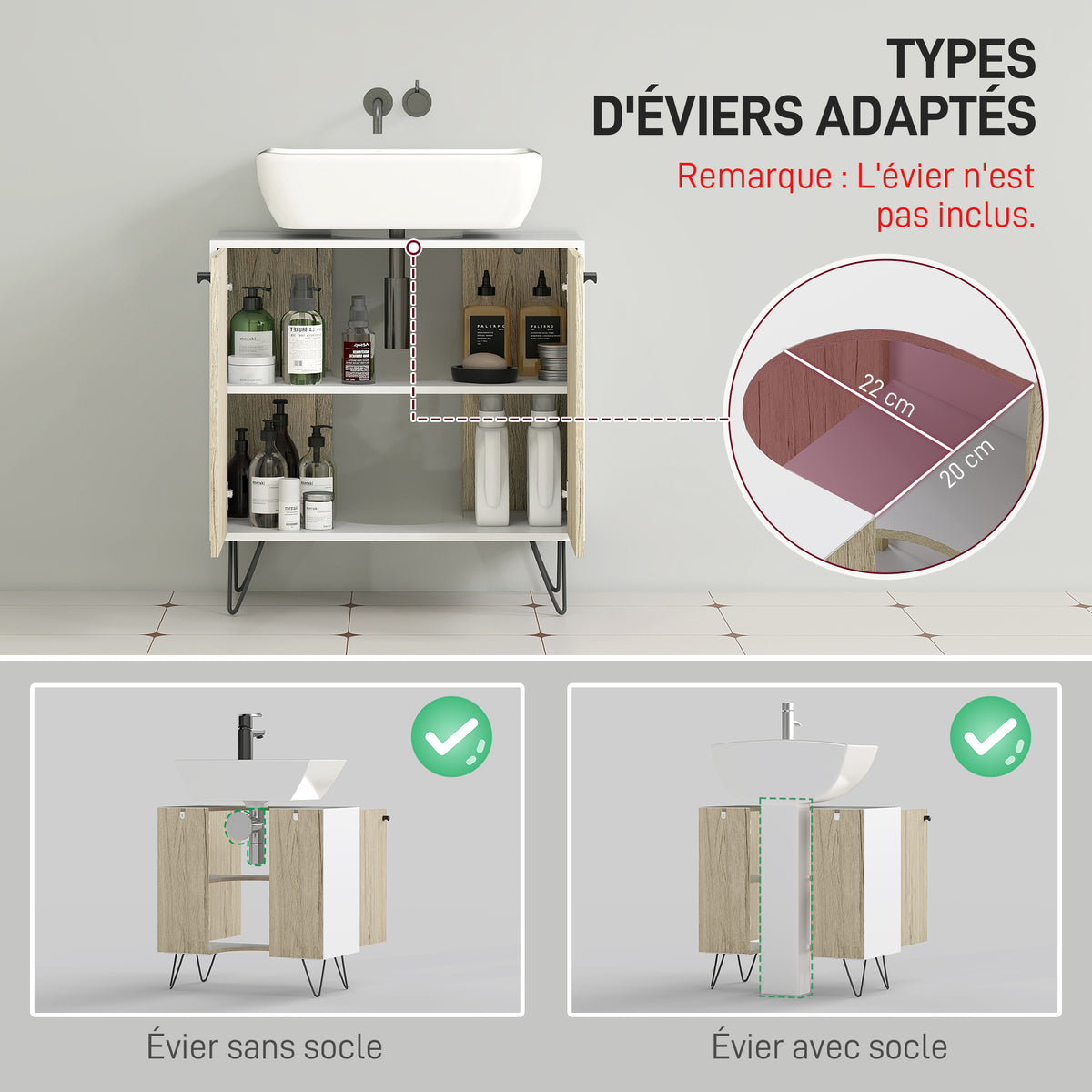Meuble sous lavabo, meuble de salle de bain avec 2 portes, pieds en acier, 60 x 30 x 60 cm, blanc et bois naturel