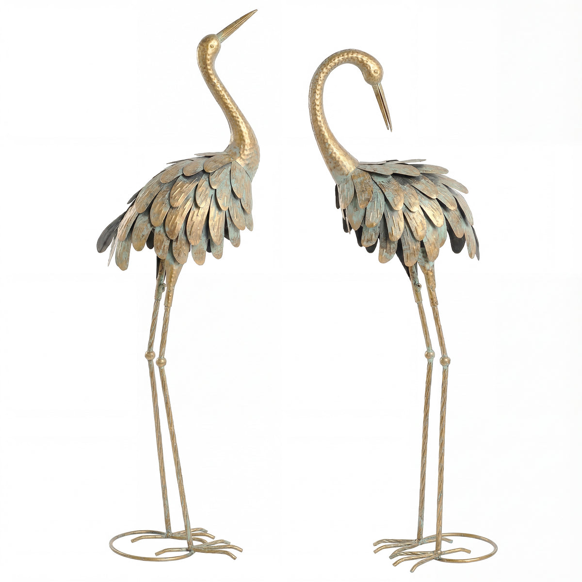 Lot de 2 Statues de Jardin, Sculpture de Héron en Métal, Statues d'oiseaux 91/95cm, pour Cour, Étang, Terrasse, or/bleu