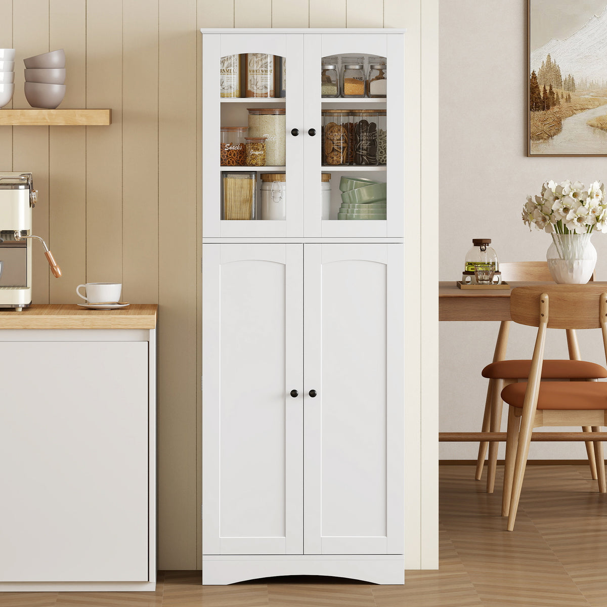 Kitchen tall sideboard, acrylic display cabinet, 4 doors, 10 compartments, 8 shelf racks, 60 x 40 x 162 cm, white