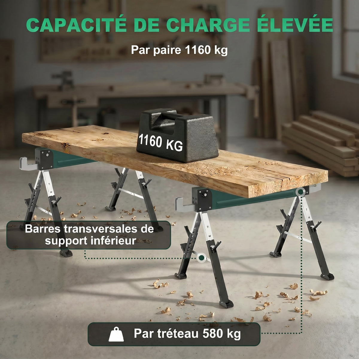 lot de 2 tréteaux pliables en métal, charge max 1160 kg, hauteur réglable 64-81cm, poignée de transport, vert