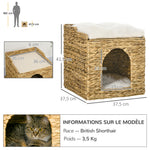 Niche pour chat 2 niveaux avec 2 coussins en jacinthe d'eau - 37,5 x 37,5 x 41,5 cm marron crème