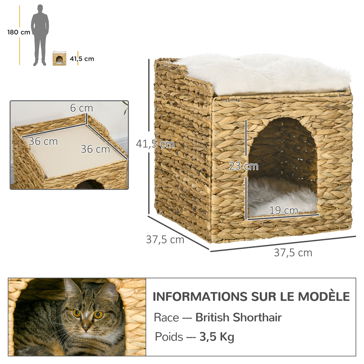 Niche pour chat 2 niveaux avec 2 coussins en jacinthe d'eau - 37,5 x 37,5 x 41,5 cm marron crème