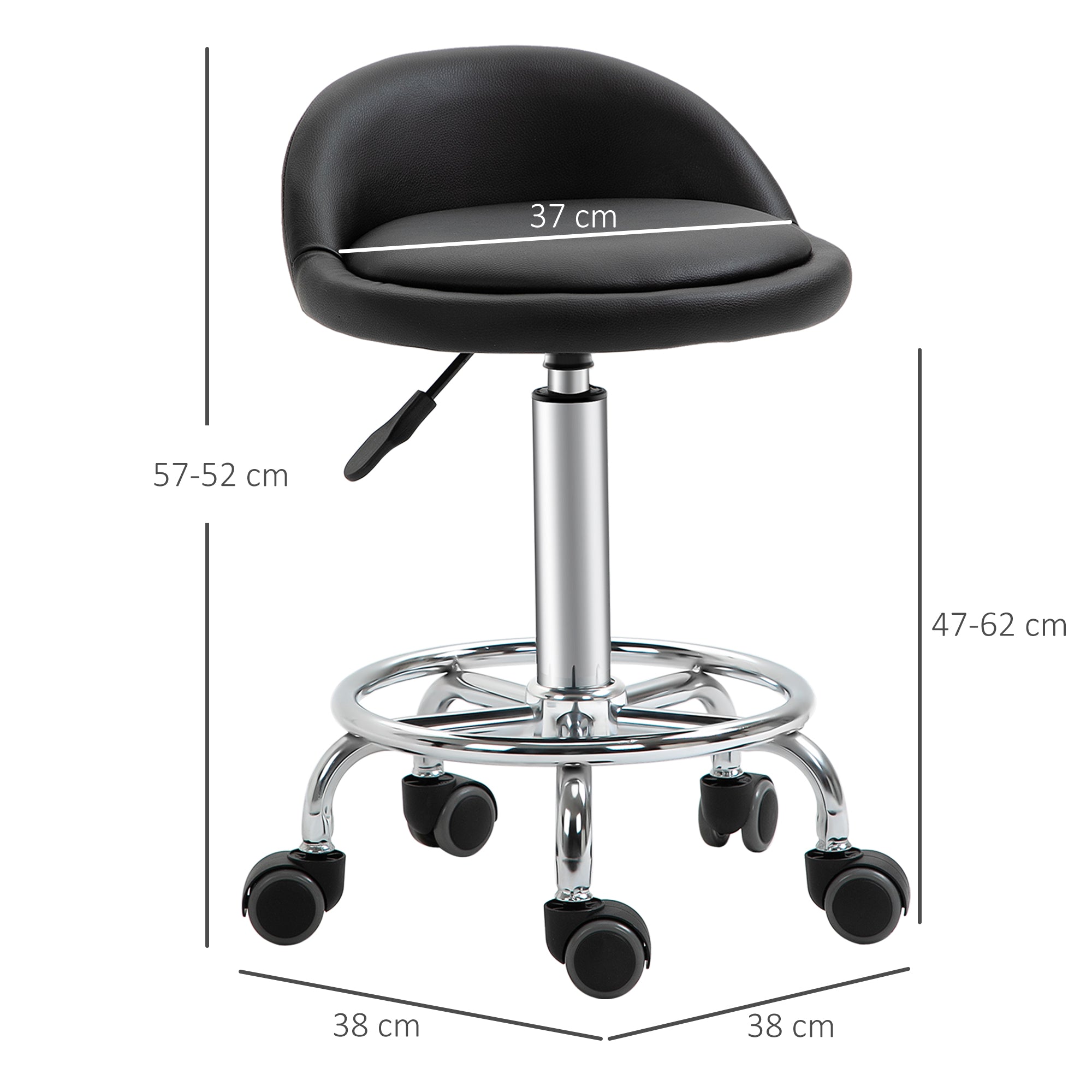 Lot de 2 tabouret à roulette pivotant 360°, assise réglable 47-62H cm, acier chromé revêtement synthétique noir