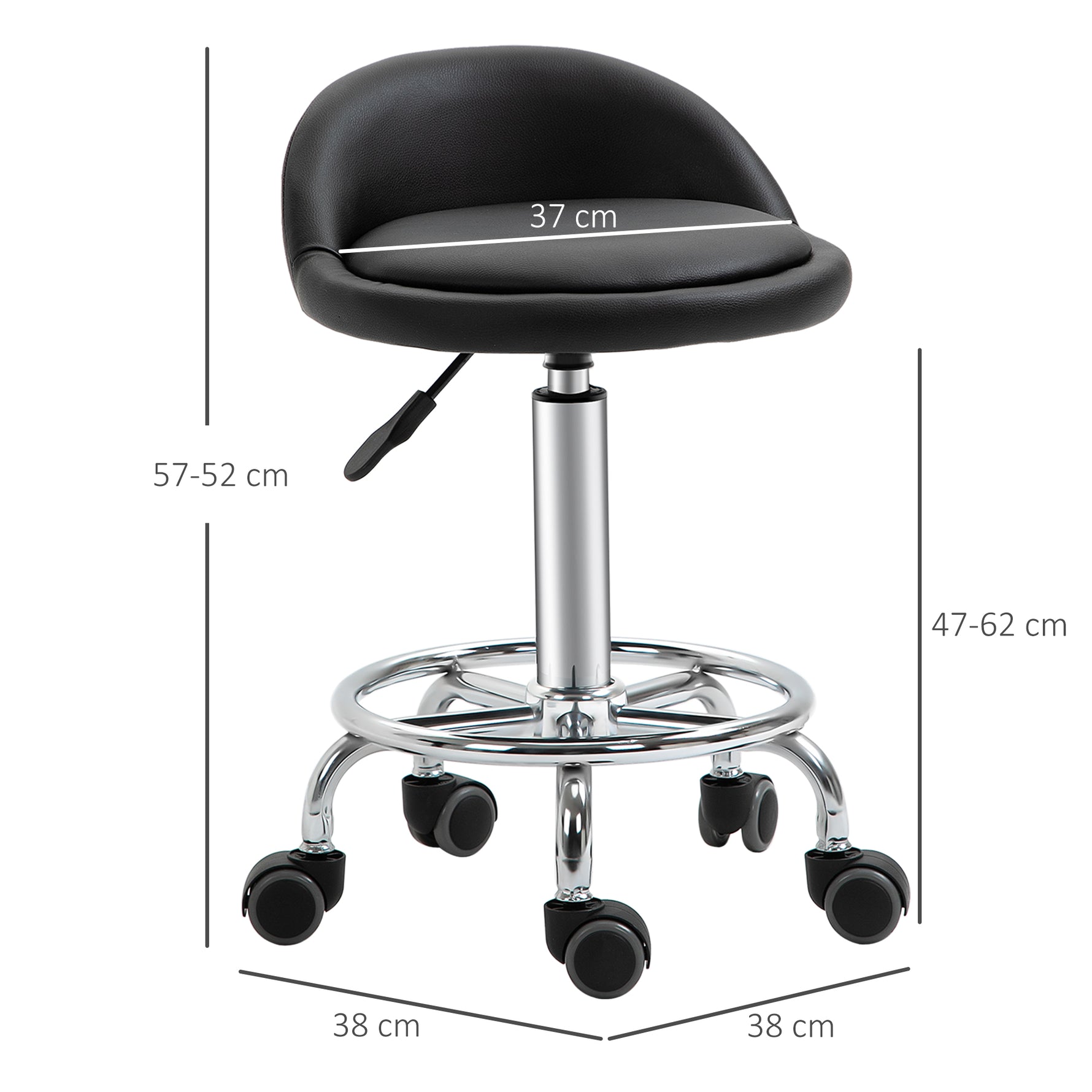 Lot de 2 tabouret à roulette pivotant 360°, assise réglable 47-62H cm, acier chromé revêtement synthétique noir