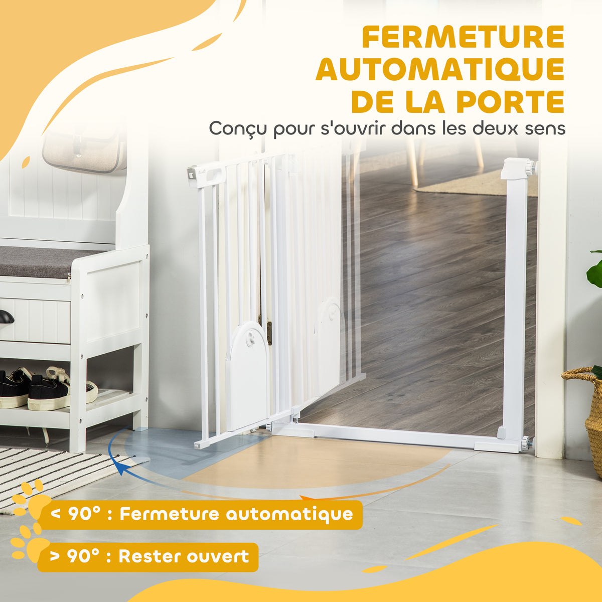 Barrière de sécurité animaux avec porte fermeture automatique système de double verrouillage, acier blanc