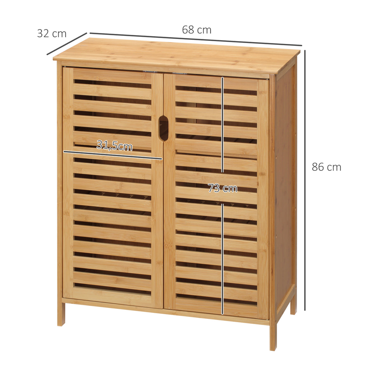 Meuble salle de bain en bambou armoire salle de bain sur pied avec double porte à lattes, 68 x 32 x 86 cm, naturel