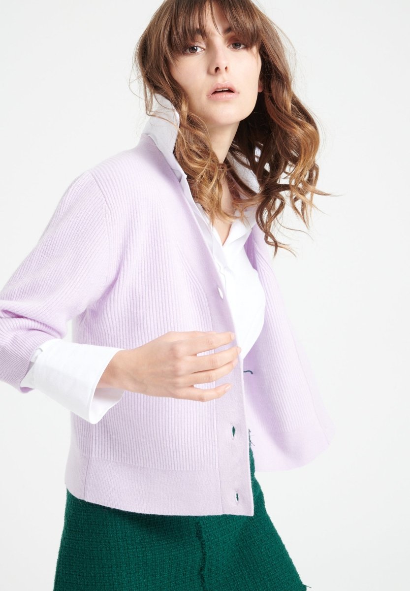 Cardigan col V manches courtes femme en cachemire lilas - MIA 13