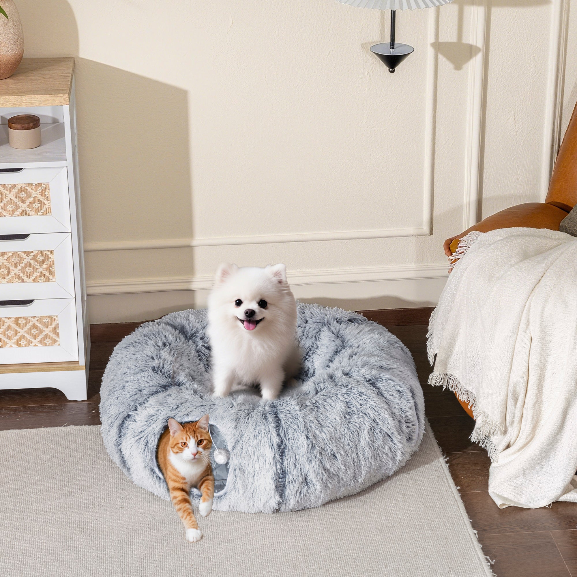 Indoor Cat Tunnel with Donut-Shaped Cat Bed, Washable Circular Cushion, 90x80x27cm, Light Grey