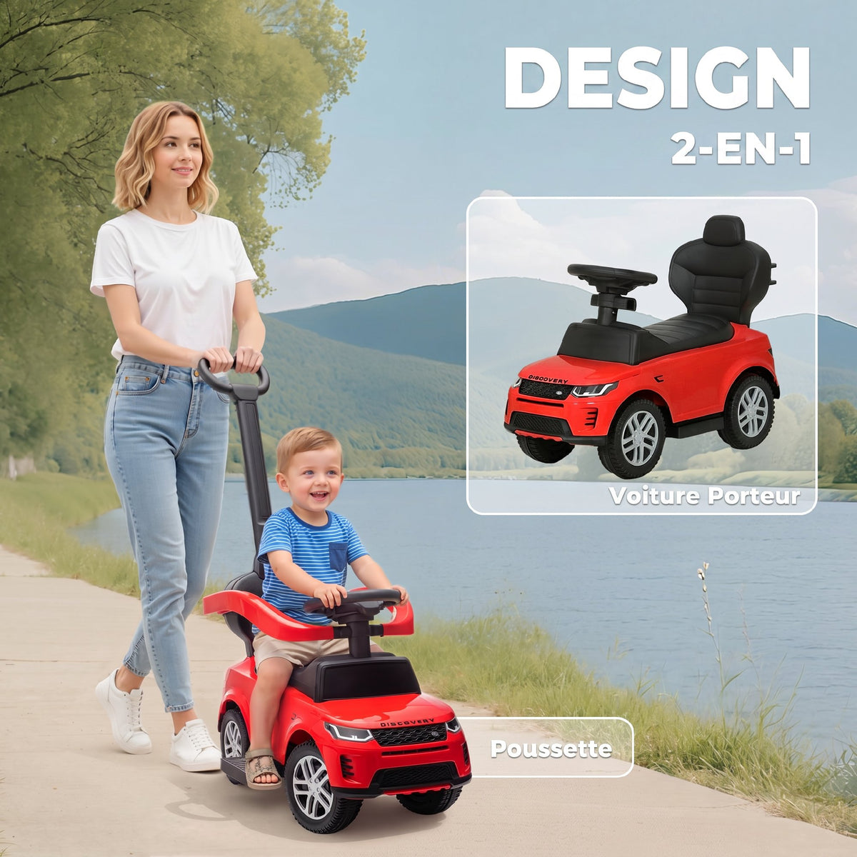 Porteur enfants Land Rover Discovery sous licence, porteur voiture à pousser avec poignée amovible, 84x40x94,5cm, rouge