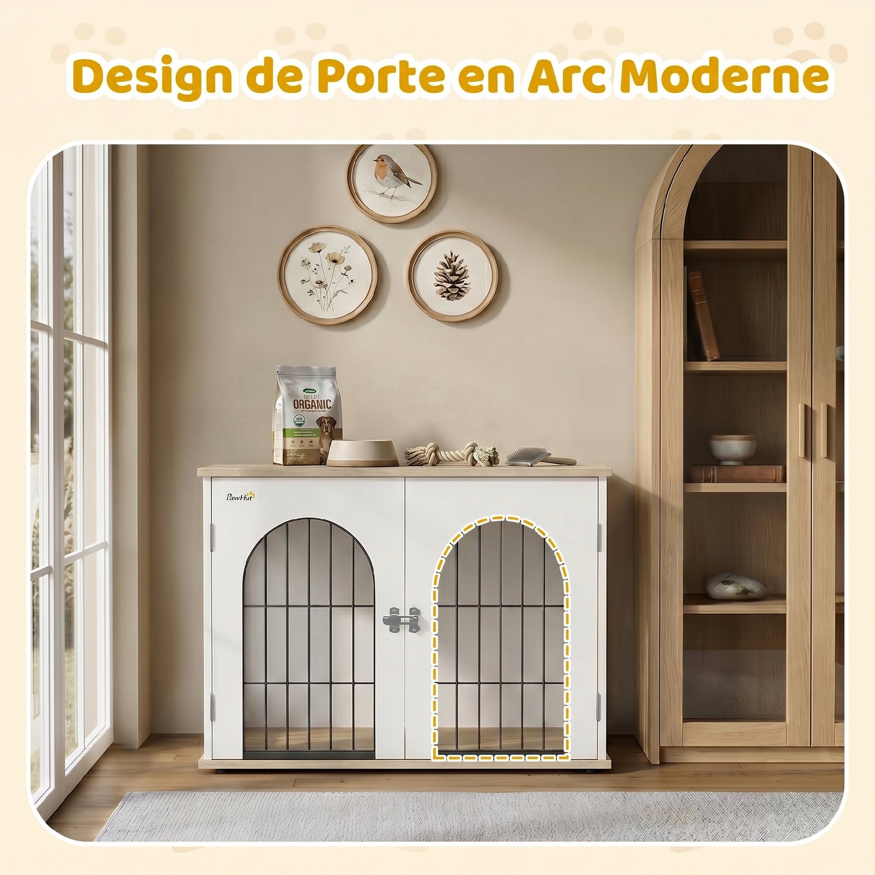 Cage pour Chien Meuble Cage Chien Intérieur Arche avec Double Porte comme Table d'Appoint en Métal 80x56x59cm Blanc