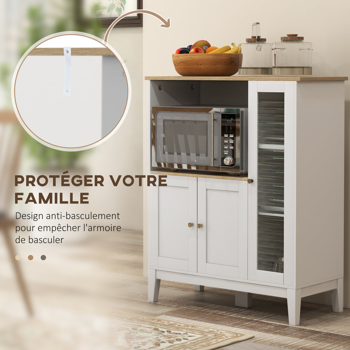 Meuble armoire micro-ondes pour cuisine avec 1 niche, 3 portes passe-câbles 80 x 35 x 97 cm blanc et aspect bois