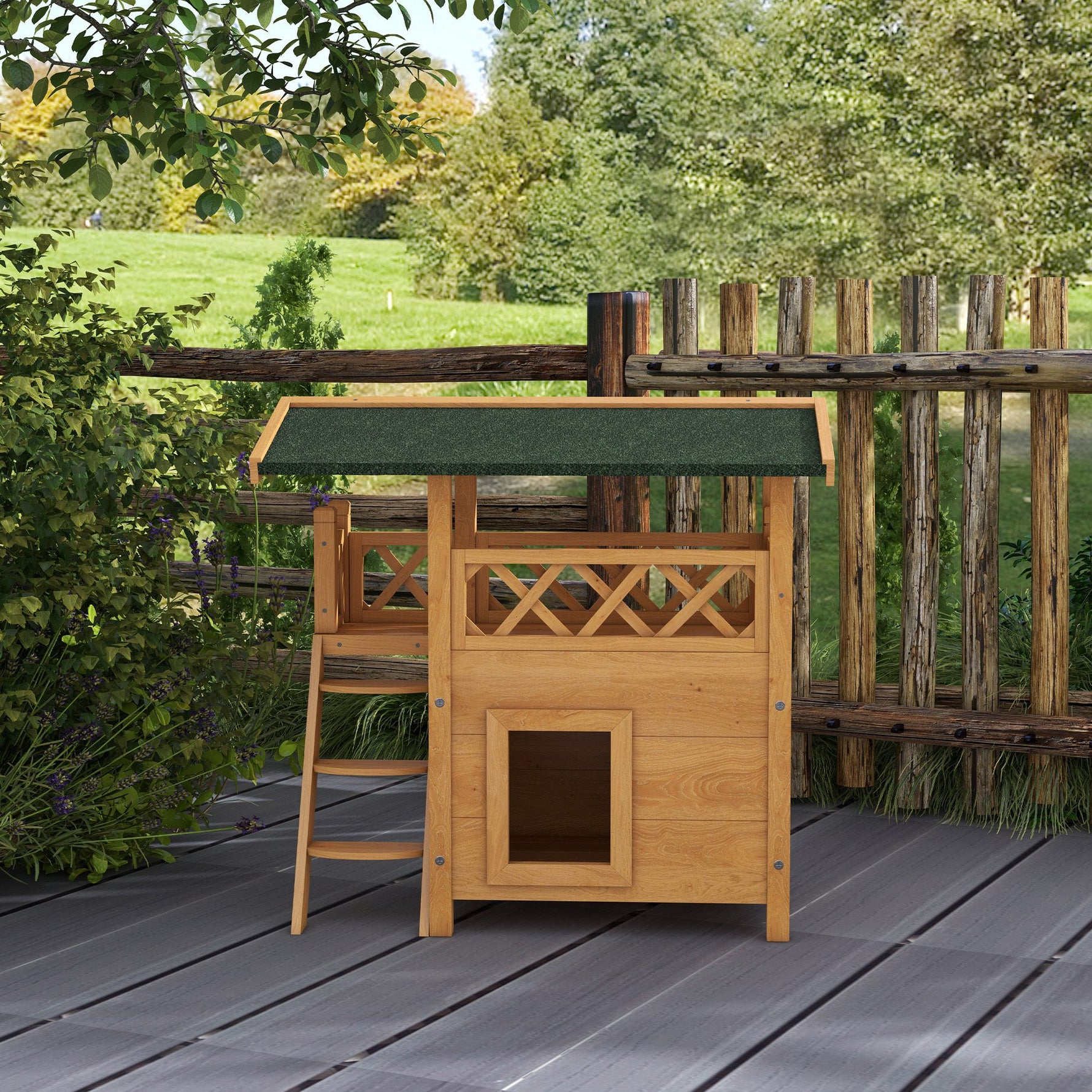Cabane Chat Extérieur avec Terrasse, Escalier, Toit, Niche Villa, 77 x 50 x 73 cm Bois Naturel et Vert