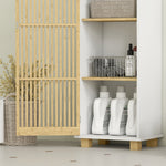 Colonne salle de bain, meuble salle de bain rangement avec porte à lattes en bambou et compartiments ouverts, blanc