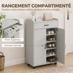 Meuble à Chaussures, Armoire à Chaussures avec 2 Portes, Tiroir, 5 Compartiments et Étagères Réglables, Gris