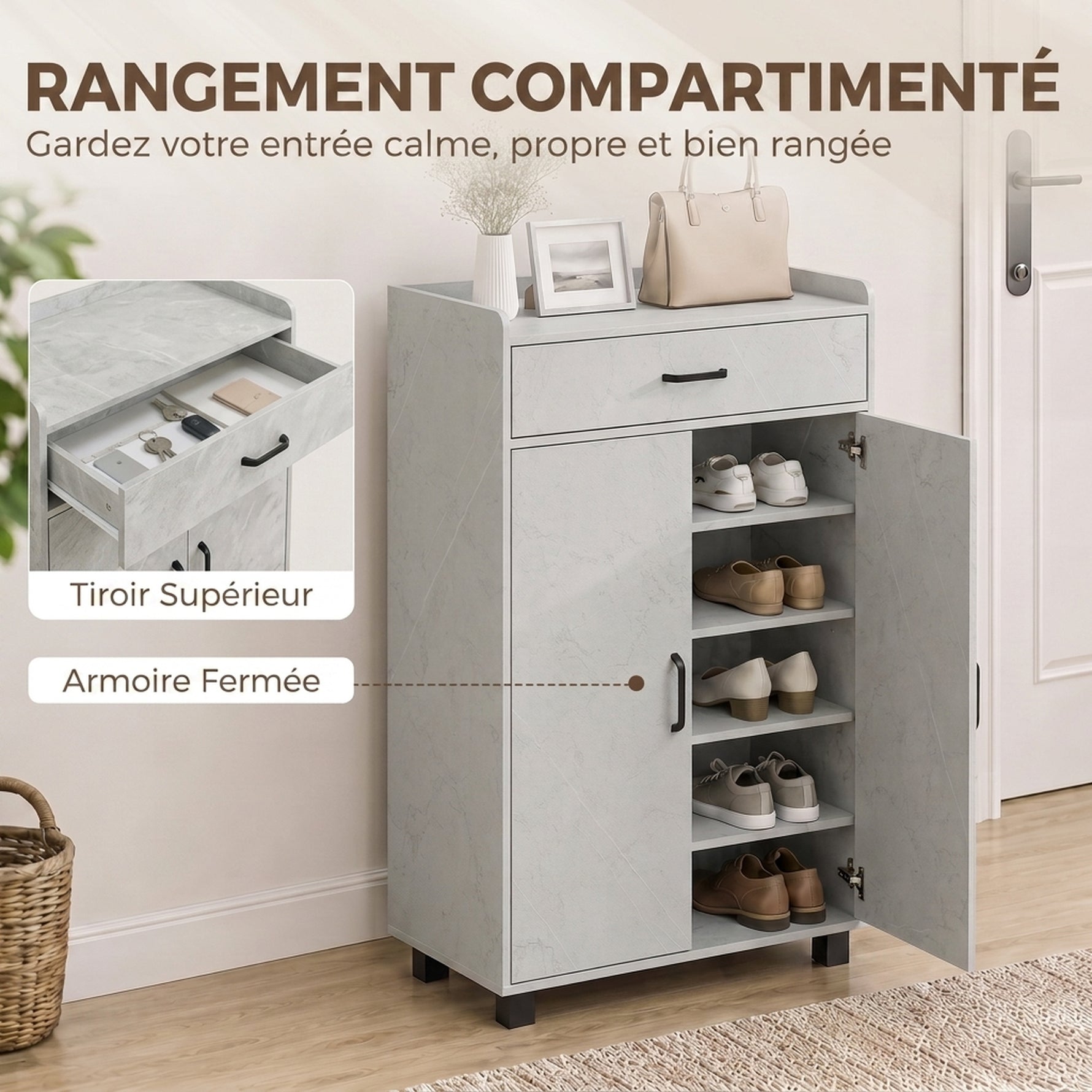 Meuble à Chaussures, Armoire à Chaussures avec 2 Portes, Tiroir, 5 Compartiments et Étagères Réglables, Gris