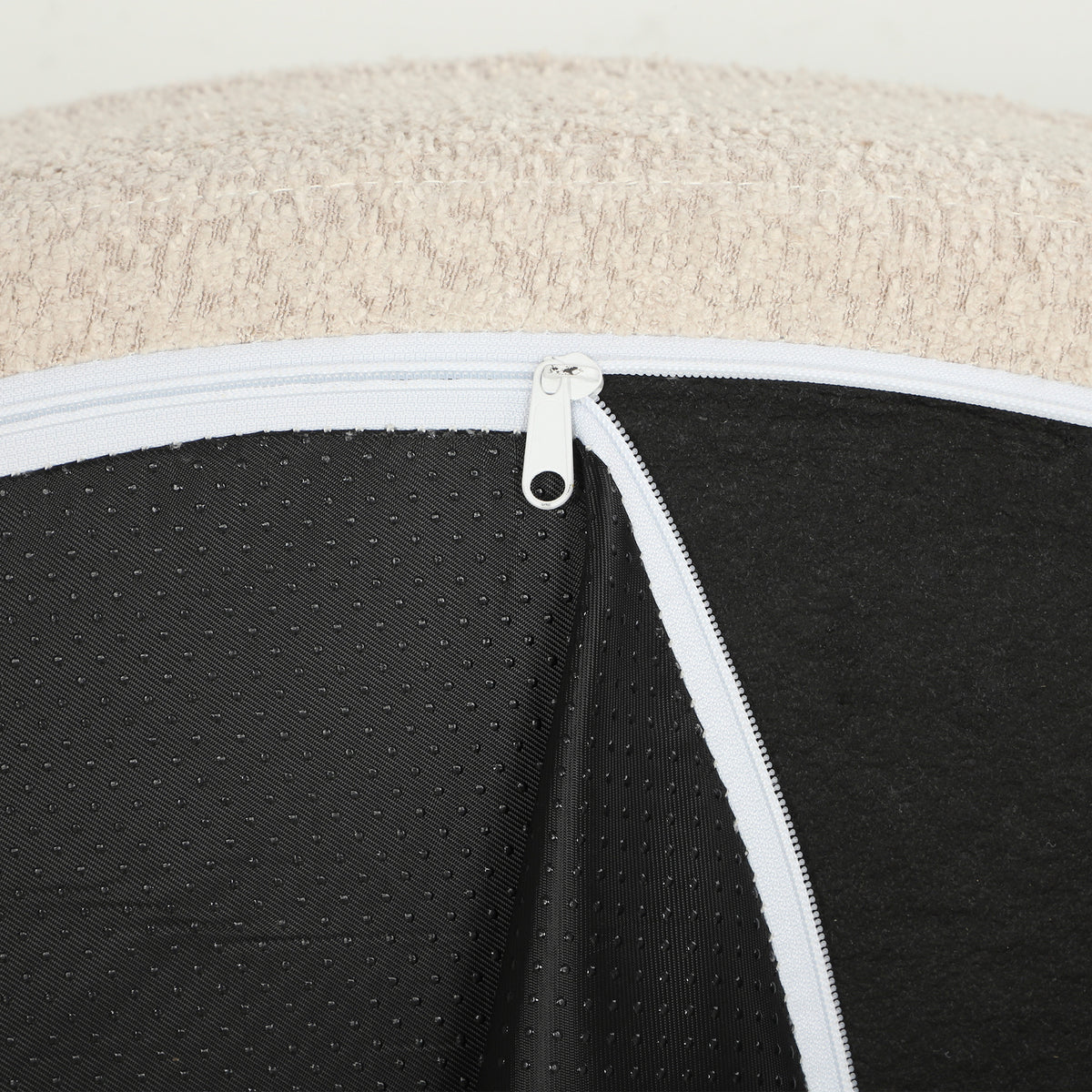 Pouf Divano Rotondo in Ciniglia, Seduta Ampia, 2 Cuscini, 1 Schienale, 1 Cuscino Cilindrico, Portata 250kg, 130x130x82cm, Crema
