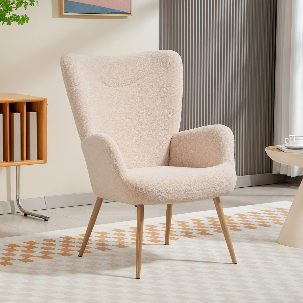 Fauteuil salon, fauteuil d'appoint rembourré en tissu bouclette avec haut dossier et accoudoirs, 71x74x97,5cm, beige